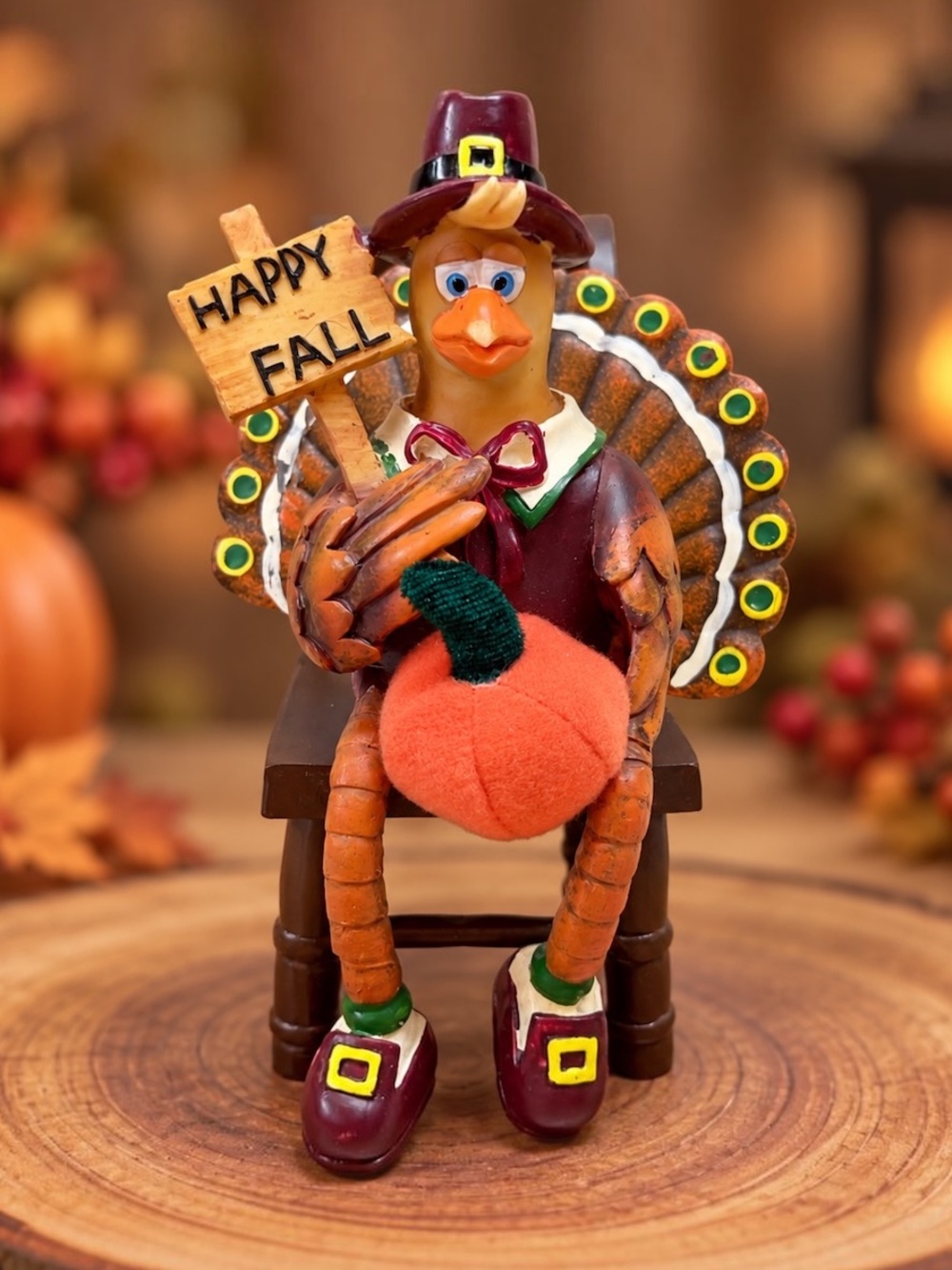 Fall Turkey Figurine Happy Fall Sign Plush Pumpkin Mixed Media Thanksgiving